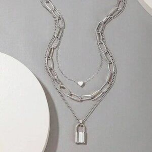 Sterling Silver 3-Layer Chain Necklace with a Heart & Lock Pendant